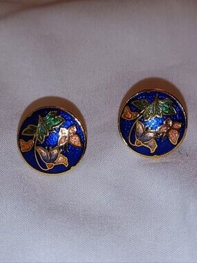 Blue Floral Enamel Cloisonne Round Post Earrings